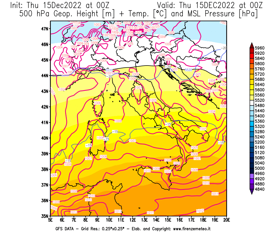 Mappa di analisi GFS - Geopotenziale [m] + Temp. [°C] a 500 hPa + Press. a livello del mare [hPa] in Italia
							del 15/12/2022 00 <!--googleoff: index-->UTC<!--googleon: index-->