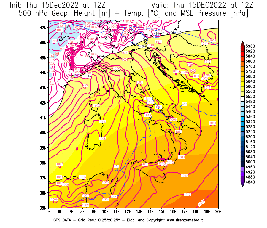 Mappa di analisi GFS - Geopotenziale [m] + Temp. [°C] a 500 hPa + Press. a livello del mare [hPa] in Italia
							del 15/12/2022 12 <!--googleoff: index-->UTC<!--googleon: index-->