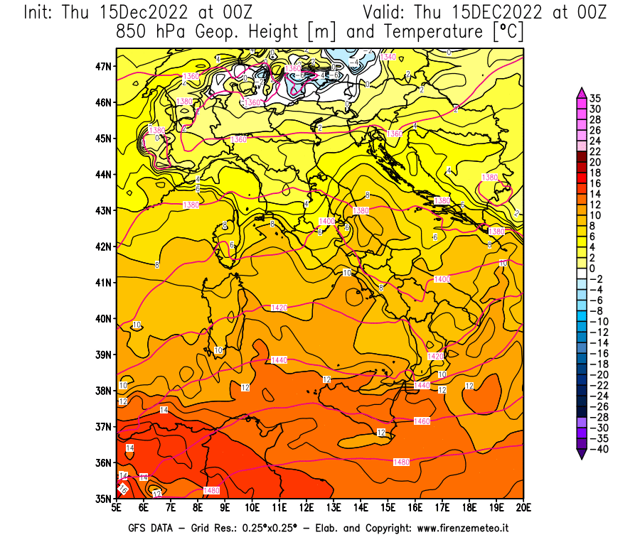 Mappa di analisi GFS - Geopotenziale [m] e Temperatura [°C] a 850 hPa in Italia
							del 15/12/2022 00 <!--googleoff: index-->UTC<!--googleon: index-->