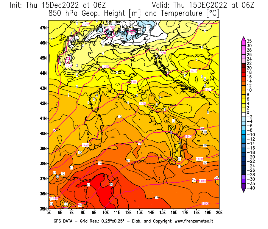 Mappa di analisi GFS - Geopotenziale [m] e Temperatura [°C] a 850 hPa in Italia
							del 15/12/2022 06 <!--googleoff: index-->UTC<!--googleon: index-->