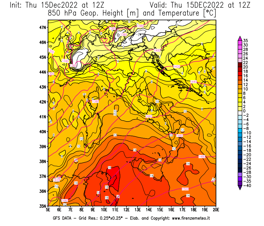 Mappa di analisi GFS - Geopotenziale [m] e Temperatura [°C] a 850 hPa in Italia
							del 15/12/2022 12 <!--googleoff: index-->UTC<!--googleon: index-->