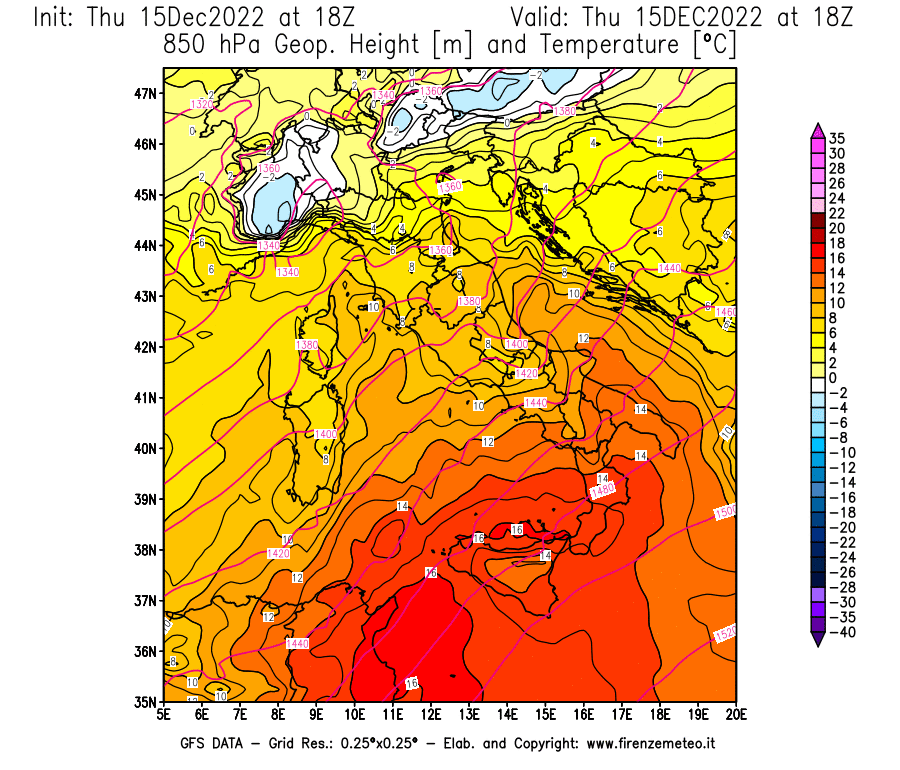 Mappa di analisi GFS - Geopotenziale [m] e Temperatura [°C] a 850 hPa in Italia
							del 15/12/2022 18 <!--googleoff: index-->UTC<!--googleon: index-->