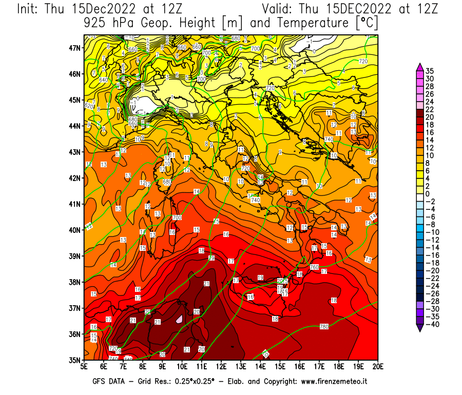 Mappa di analisi GFS - Geopotenziale [m] e Temperatura [°C] a 925 hPa in Italia
							del 15/12/2022 12 <!--googleoff: index-->UTC<!--googleon: index-->