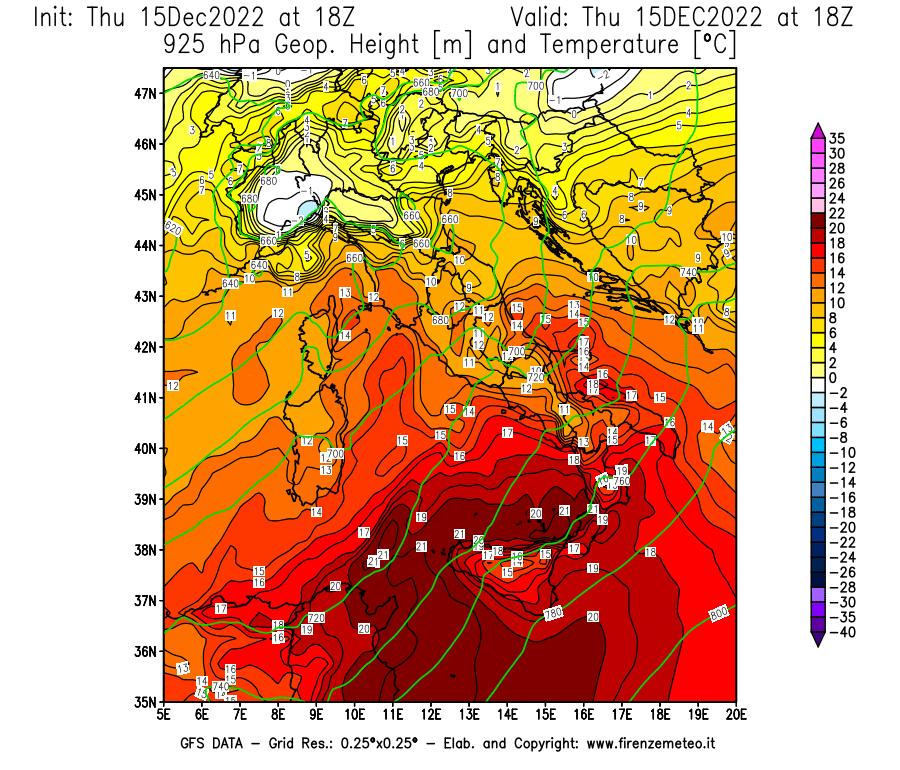Mappa di analisi GFS - Geopotenziale [m] e Temperatura [°C] a 925 hPa in Italia
							del 15/12/2022 18 <!--googleoff: index-->UTC<!--googleon: index-->