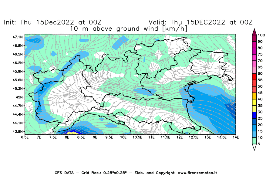 Mappa di analisi GFS - Velocità del vento a 10 metri dal suolo [km/h] in Nord-Italia
							del 15/12/2022 00 <!--googleoff: index-->UTC<!--googleon: index-->