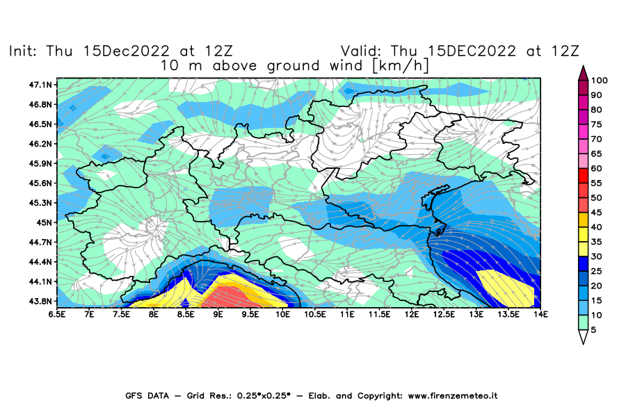 Mappa di analisi GFS - Velocità del vento a 10 metri dal suolo [km/h] in Nord-Italia
							del 15/12/2022 12 <!--googleoff: index-->UTC<!--googleon: index-->