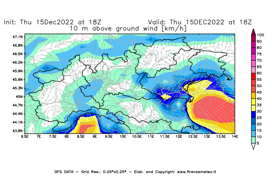 Mappa di analisi GFS - Velocità del vento a 10 metri dal suolo [km/h] in Nord-Italia
							del 15/12/2022 18 <!--googleoff: index-->UTC<!--googleon: index-->
