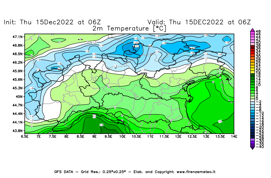 Mappa di analisi GFS - Temperatura a 2 metri dal suolo [°C] in Nord-Italia
							del 15/12/2022 06 <!--googleoff: index-->UTC<!--googleon: index-->
