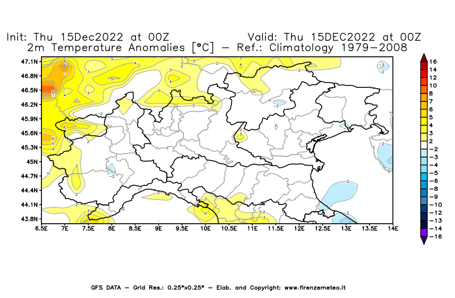 Mappa di analisi GFS - Anomalia Temperatura [°C] a 2 m in Nord-Italia
							del 15/12/2022 00 <!--googleoff: index-->UTC<!--googleon: index-->