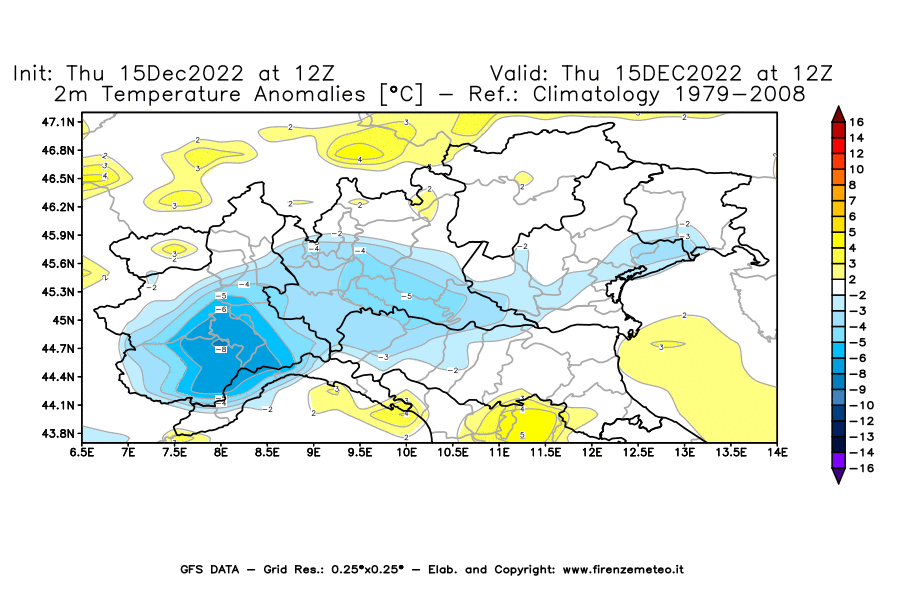 Mappa di analisi GFS - Anomalia Temperatura [°C] a 2 m in Nord-Italia
							del 15/12/2022 12 <!--googleoff: index-->UTC<!--googleon: index-->