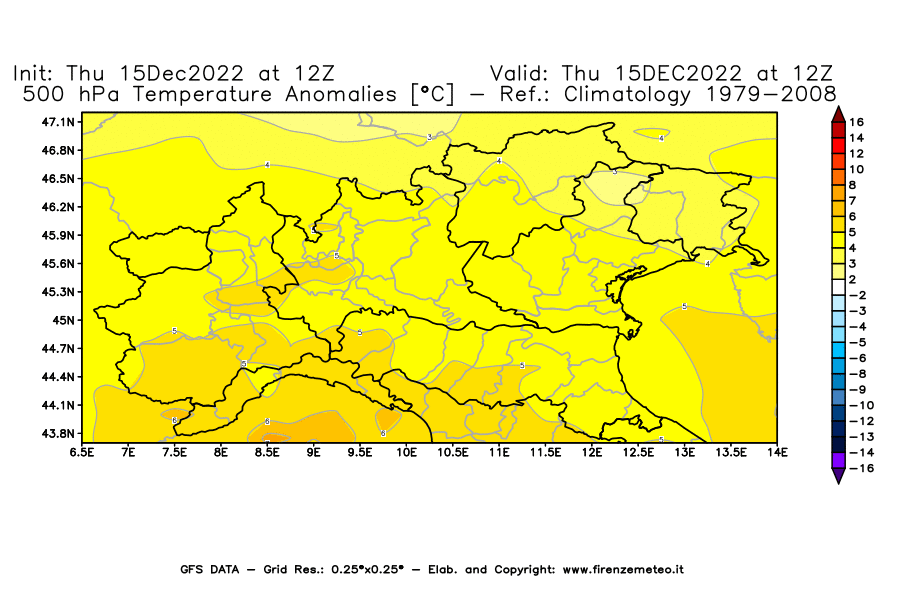 Mappa di analisi GFS - Anomalia Temperatura [°C] a 500 hPa in Nord-Italia
							del 15/12/2022 12 <!--googleoff: index-->UTC<!--googleon: index-->