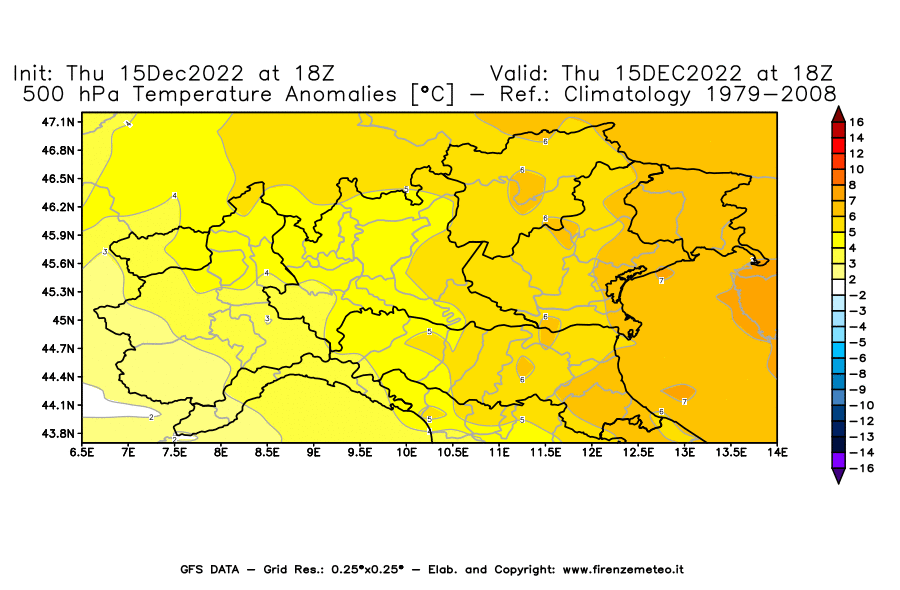 Mappa di analisi GFS - Anomalia Temperatura [°C] a 500 hPa in Nord-Italia
							del 15/12/2022 18 <!--googleoff: index-->UTC<!--googleon: index-->