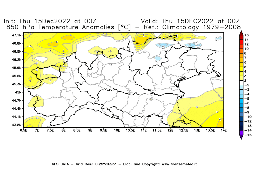 Mappa di analisi GFS - Anomalia Temperatura [°C] a 850 hPa in Nord-Italia
							del 15/12/2022 00 <!--googleoff: index-->UTC<!--googleon: index-->