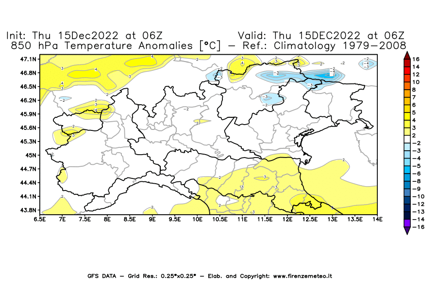 Mappa di analisi GFS - Anomalia Temperatura [°C] a 850 hPa in Nord-Italia
							del 15/12/2022 06 <!--googleoff: index-->UTC<!--googleon: index-->