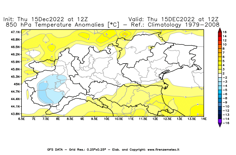 Mappa di analisi GFS - Anomalia Temperatura [°C] a 850 hPa in Nord-Italia
							del 15/12/2022 12 <!--googleoff: index-->UTC<!--googleon: index-->