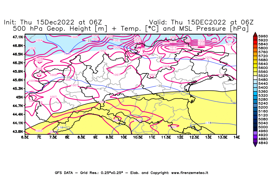 Mappa di analisi GFS - Geopotenziale [m] + Temp. [°C] a 500 hPa + Press. a livello del mare [hPa] in Nord-Italia
							del 15/12/2022 06 <!--googleoff: index-->UTC<!--googleon: index-->