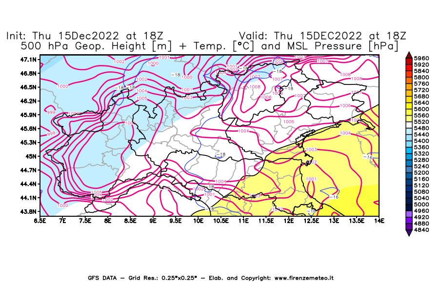 Mappa di analisi GFS - Geopotenziale [m] + Temp. [°C] a 500 hPa + Press. a livello del mare [hPa] in Nord-Italia
							del 15/12/2022 18 <!--googleoff: index-->UTC<!--googleon: index-->