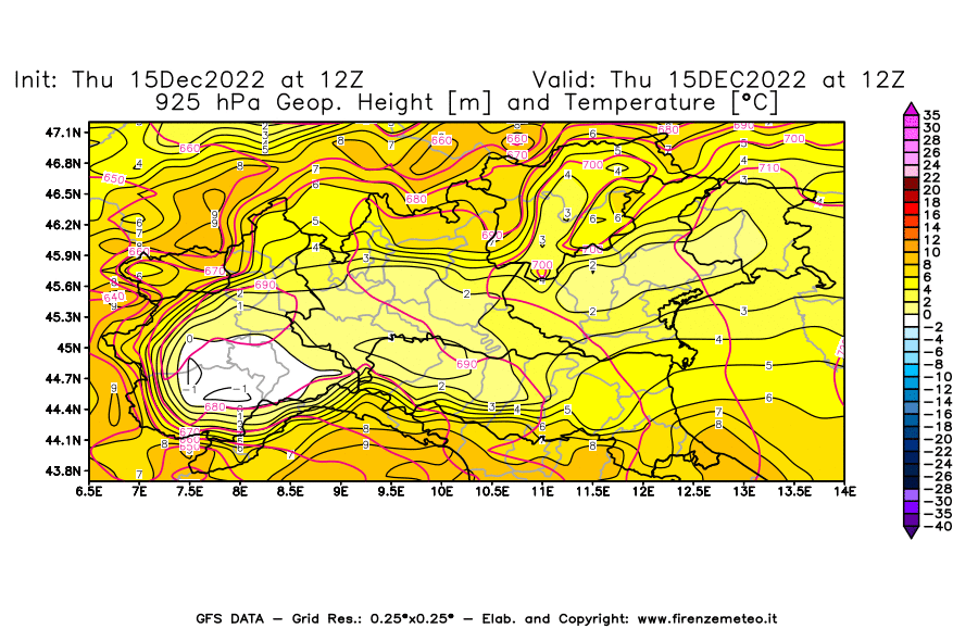 Mappa di analisi GFS - Geopotenziale [m] e Temperatura [°C] a 925 hPa in Nord-Italia
							del 15/12/2022 12 <!--googleoff: index-->UTC<!--googleon: index-->