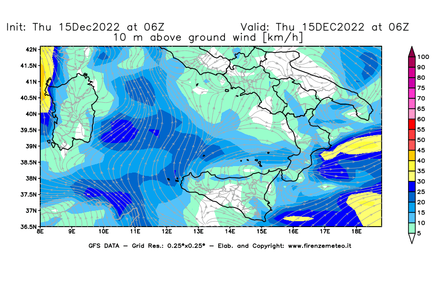 Mappa di analisi GFS - Velocità del vento a 10 metri dal suolo [km/h] in Sud-Italia
							del 15/12/2022 06 <!--googleoff: index-->UTC<!--googleon: index-->