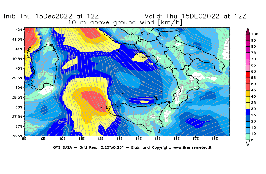 Mappa di analisi GFS - Velocità del vento a 10 metri dal suolo [km/h] in Sud-Italia
							del 15/12/2022 12 <!--googleoff: index-->UTC<!--googleon: index-->