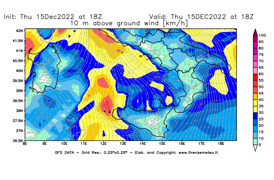Mappa di analisi GFS - Velocità del vento a 10 metri dal suolo [km/h] in Sud-Italia
							del 15/12/2022 18 <!--googleoff: index-->UTC<!--googleon: index-->