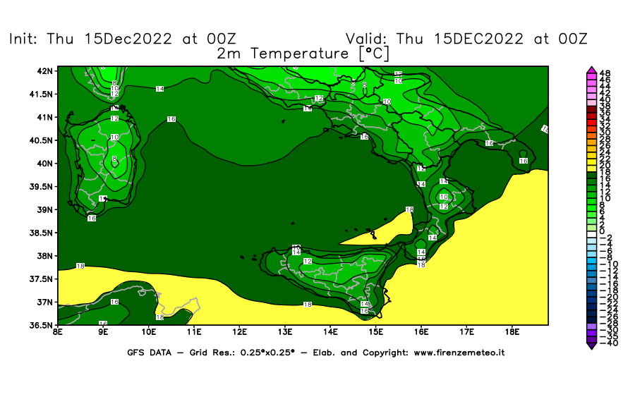 Mappa di analisi GFS - Temperatura a 2 metri dal suolo [°C] in Sud-Italia
							del 15/12/2022 00 <!--googleoff: index-->UTC<!--googleon: index-->
