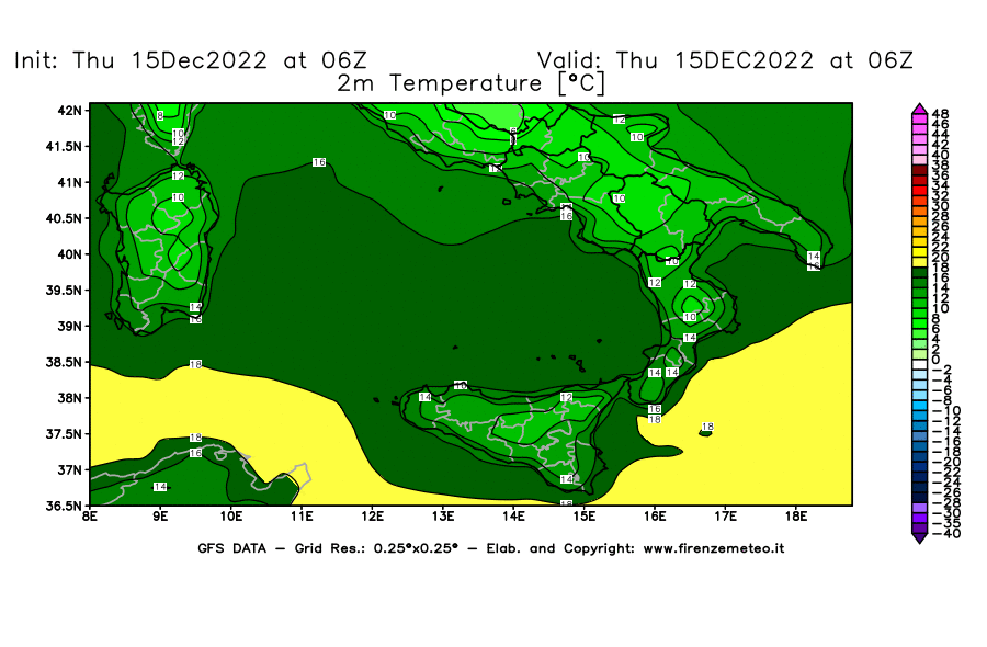 Mappa di analisi GFS - Temperatura a 2 metri dal suolo [°C] in Sud-Italia
							del 15/12/2022 06 <!--googleoff: index-->UTC<!--googleon: index-->