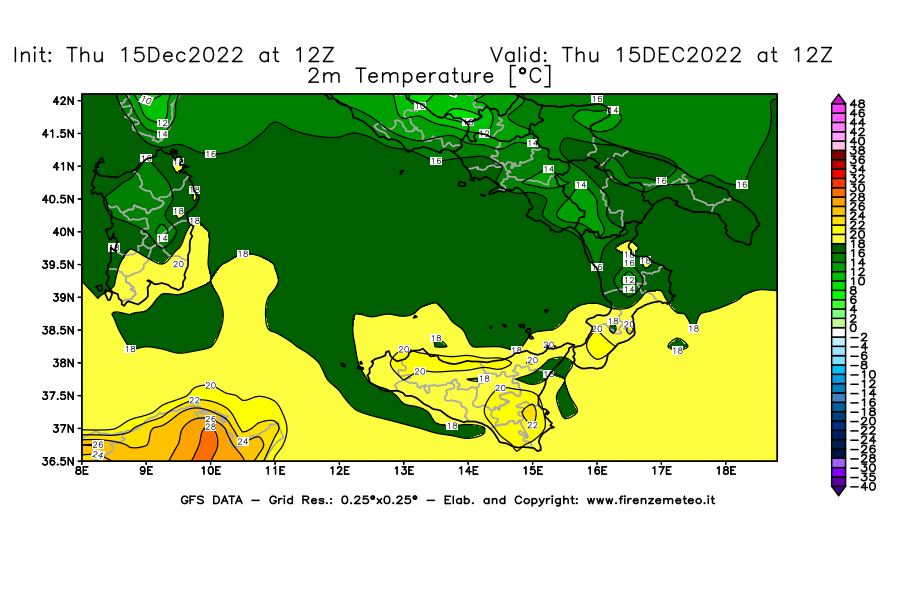 Mappa di analisi GFS - Temperatura a 2 metri dal suolo [°C] in Sud-Italia
							del 15/12/2022 12 <!--googleoff: index-->UTC<!--googleon: index-->