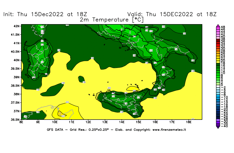 Mappa di analisi GFS - Temperatura a 2 metri dal suolo [°C] in Sud-Italia
							del 15/12/2022 18 <!--googleoff: index-->UTC<!--googleon: index-->