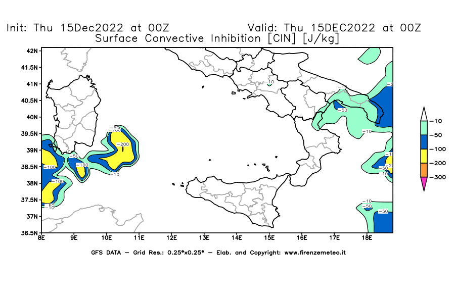 Mappa di analisi GFS - CIN [J/kg] in Sud-Italia
							del 15/12/2022 00 <!--googleoff: index-->UTC<!--googleon: index-->