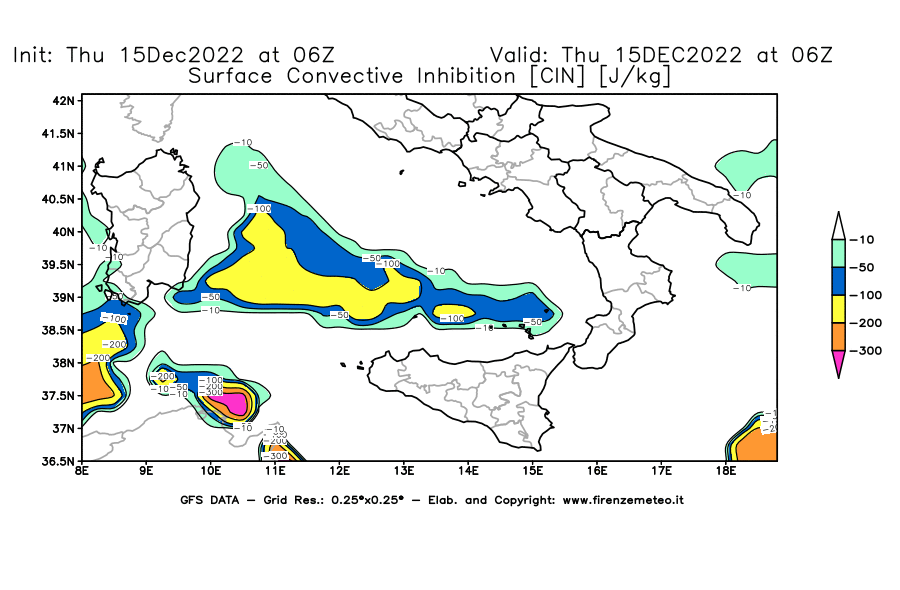 Mappa di analisi GFS - CIN [J/kg] in Sud-Italia
							del 15/12/2022 06 <!--googleoff: index-->UTC<!--googleon: index-->