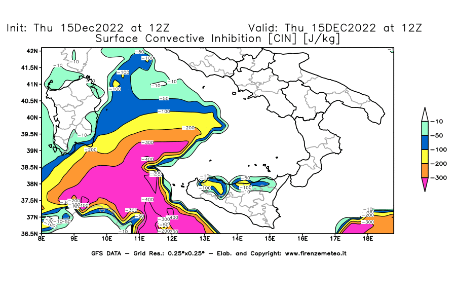 Mappa di analisi GFS - CIN [J/kg] in Sud-Italia
							del 15/12/2022 12 <!--googleoff: index-->UTC<!--googleon: index-->