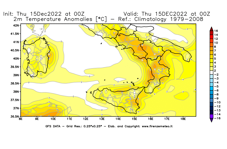 Mappa di analisi GFS - Anomalia Temperatura [°C] a 2 m in Sud-Italia
							del 15/12/2022 00 <!--googleoff: index-->UTC<!--googleon: index-->