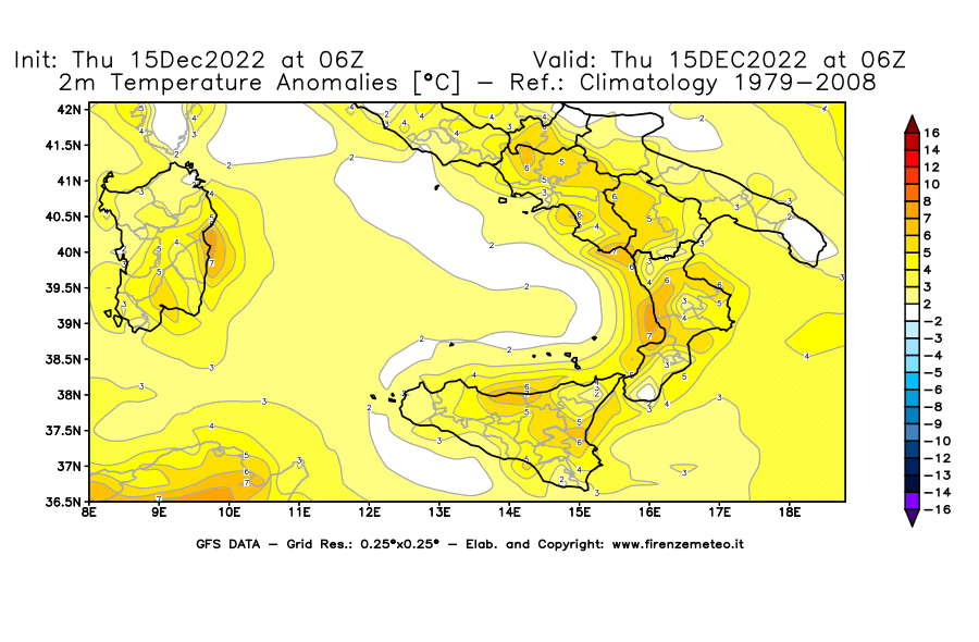 Mappa di analisi GFS - Anomalia Temperatura [°C] a 2 m in Sud-Italia
							del 15/12/2022 06 <!--googleoff: index-->UTC<!--googleon: index-->