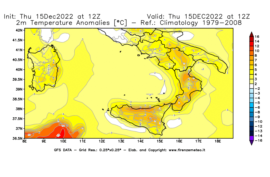 Mappa di analisi GFS - Anomalia Temperatura [°C] a 2 m in Sud-Italia
							del 15/12/2022 12 <!--googleoff: index-->UTC<!--googleon: index-->