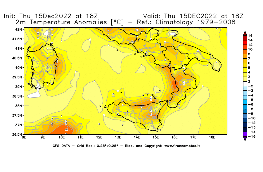 Mappa di analisi GFS - Anomalia Temperatura [°C] a 2 m in Sud-Italia
							del 15/12/2022 18 <!--googleoff: index-->UTC<!--googleon: index-->