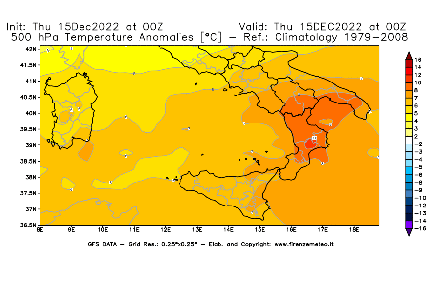 Mappa di analisi GFS - Anomalia Temperatura [°C] a 500 hPa in Sud-Italia
							del 15/12/2022 00 <!--googleoff: index-->UTC<!--googleon: index-->
