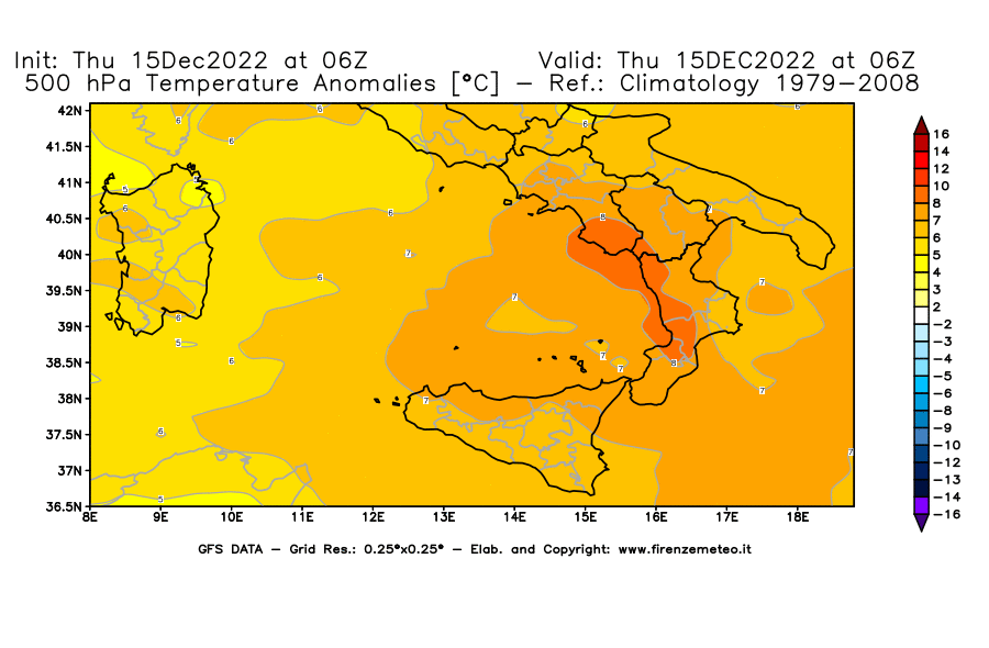 Mappa di analisi GFS - Anomalia Temperatura [°C] a 500 hPa in Sud-Italia
							del 15/12/2022 06 <!--googleoff: index-->UTC<!--googleon: index-->