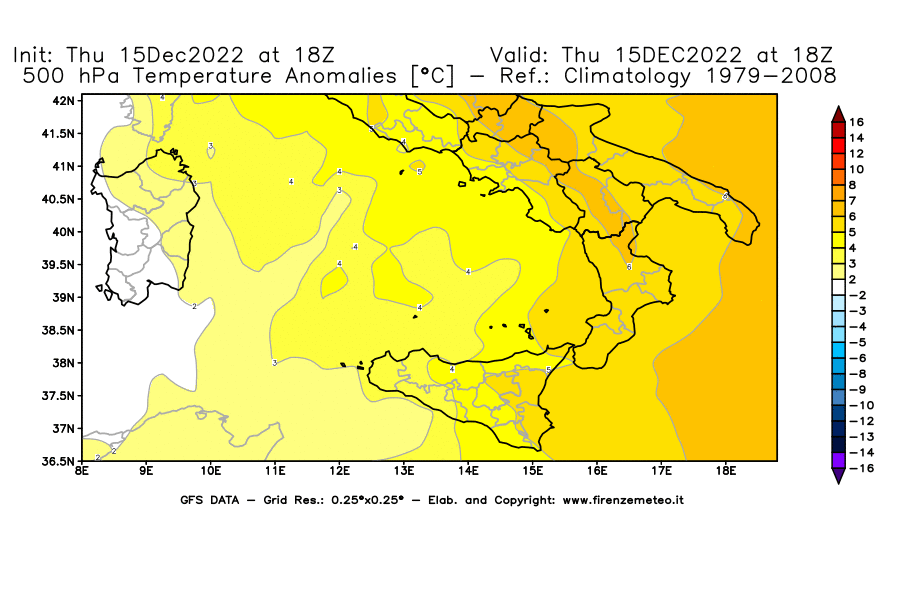 Mappa di analisi GFS - Anomalia Temperatura [°C] a 500 hPa in Sud-Italia
							del 15/12/2022 18 <!--googleoff: index-->UTC<!--googleon: index-->