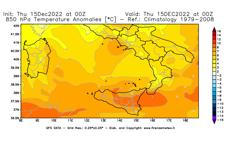 Mappa di analisi GFS - Anomalia Temperatura [°C] a 850 hPa in Sud-Italia
							del 15/12/2022 00 <!--googleoff: index-->UTC<!--googleon: index-->