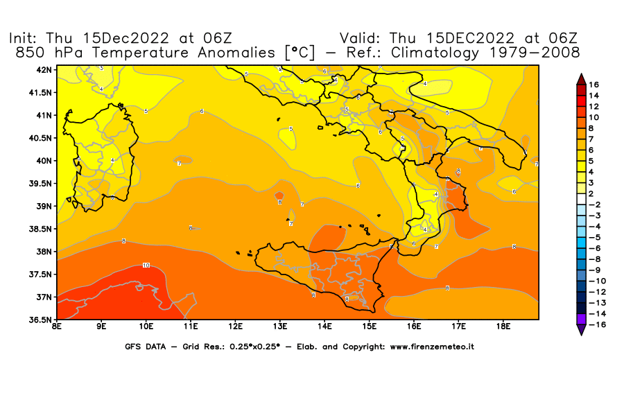 Mappa di analisi GFS - Anomalia Temperatura [°C] a 850 hPa in Sud-Italia
							del 15/12/2022 06 <!--googleoff: index-->UTC<!--googleon: index-->