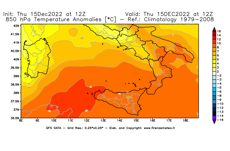 Mappa di analisi GFS - Anomalia Temperatura [°C] a 850 hPa in Sud-Italia
							del 15/12/2022 12 <!--googleoff: index-->UTC<!--googleon: index-->