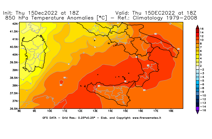 Mappa di analisi GFS - Anomalia Temperatura [°C] a 850 hPa in Sud-Italia
							del 15/12/2022 18 <!--googleoff: index-->UTC<!--googleon: index-->
