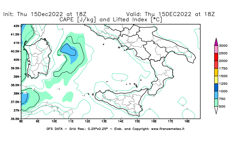 Mappa di analisi GFS - CAPE [J/kg] e Lifted Index [°C] in Sud-Italia
							del 15/12/2022 18 <!--googleoff: index-->UTC<!--googleon: index-->