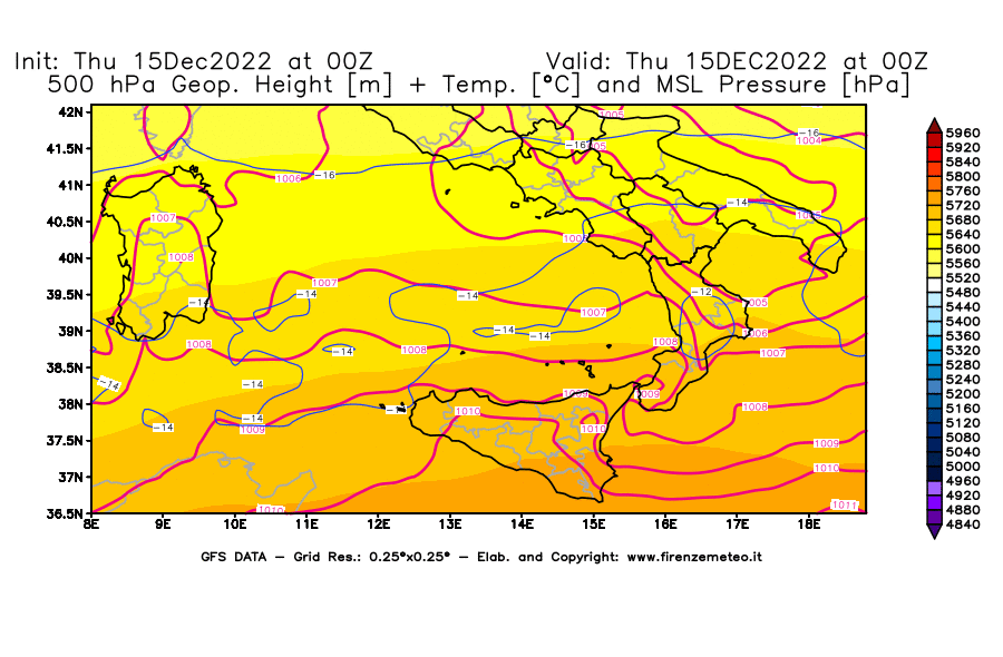 Mappa di analisi GFS - Geopotenziale [m] + Temp. [°C] a 500 hPa + Press. a livello del mare [hPa] in Sud-Italia
							del 15/12/2022 00 <!--googleoff: index-->UTC<!--googleon: index-->