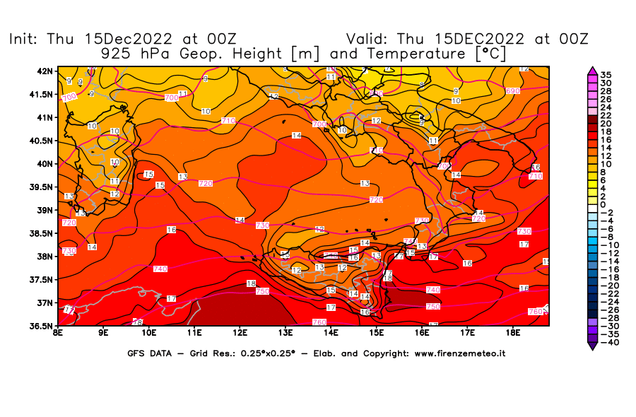 Mappa di analisi GFS - Geopotenziale [m] e Temperatura [°C] a 925 hPa in Sud-Italia
							del 15/12/2022 00 <!--googleoff: index-->UTC<!--googleon: index-->
