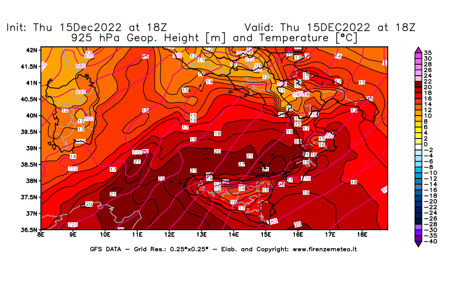 Mappa di analisi GFS - Geopotenziale [m] e Temperatura [°C] a 925 hPa in Sud-Italia
							del 15/12/2022 18 <!--googleoff: index-->UTC<!--googleon: index-->