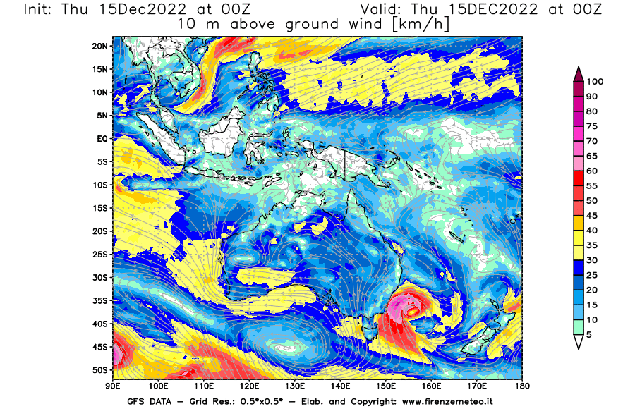 Mappa di analisi GFS - Velocità del vento a 10 metri dal suolo [km/h] in Oceania
							del 15/12/2022 00 <!--googleoff: index-->UTC<!--googleon: index-->