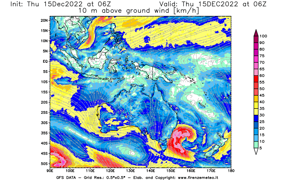 Mappa di analisi GFS - Velocità del vento a 10 metri dal suolo [km/h] in Oceania
							del 15/12/2022 06 <!--googleoff: index-->UTC<!--googleon: index-->