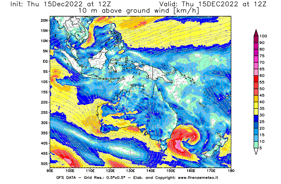 Mappa di analisi GFS - Velocità del vento a 10 metri dal suolo [km/h] in Oceania
							del 15/12/2022 12 <!--googleoff: index-->UTC<!--googleon: index-->